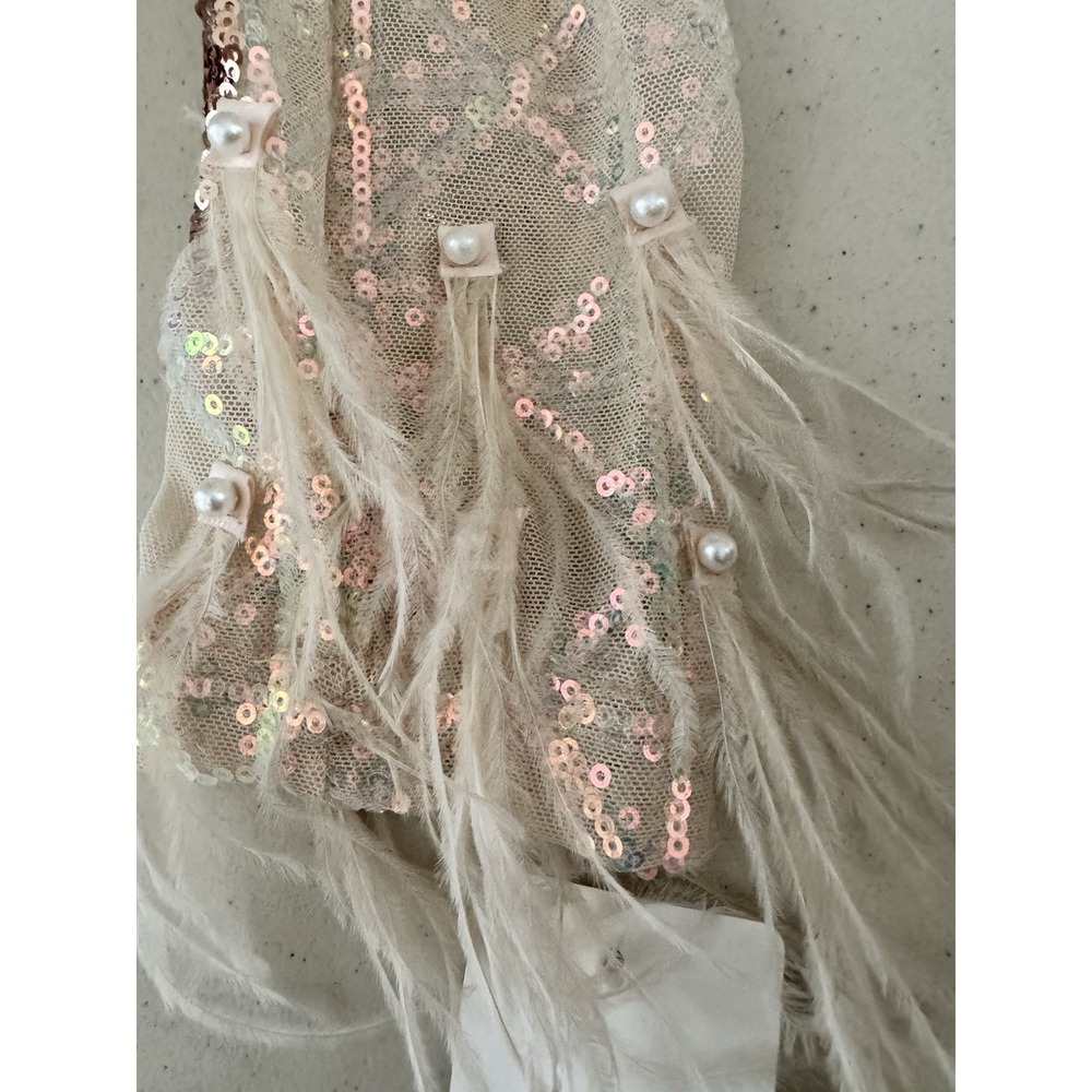 Rose Gold Sequin Embellished Dress S Feather Cuffs Nude Mesh Party Cocktail Glam - Picture 14 of 16